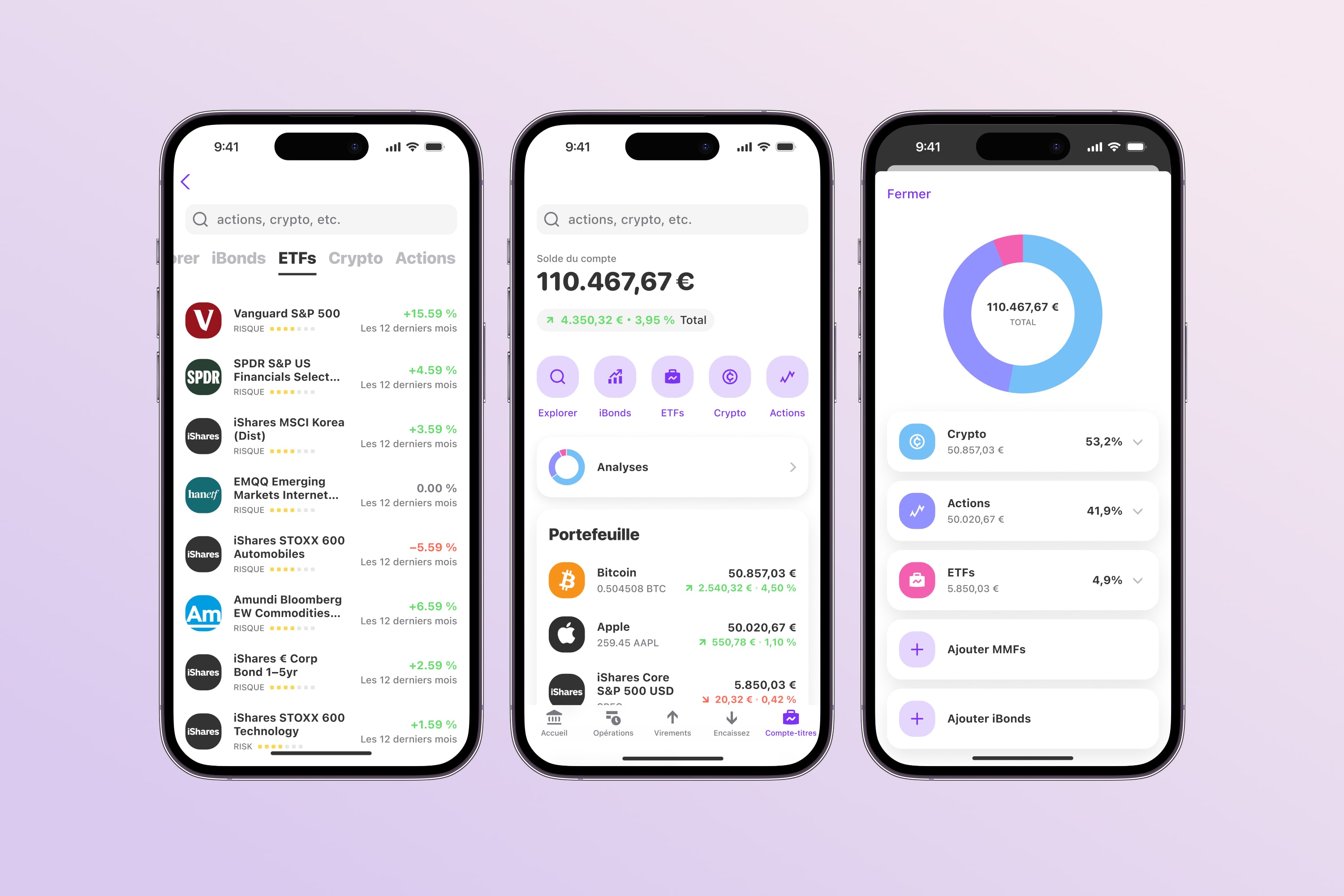 Trois smartphones qui montrent les fonctionnalités de placement de trésorerie de Vivid Money