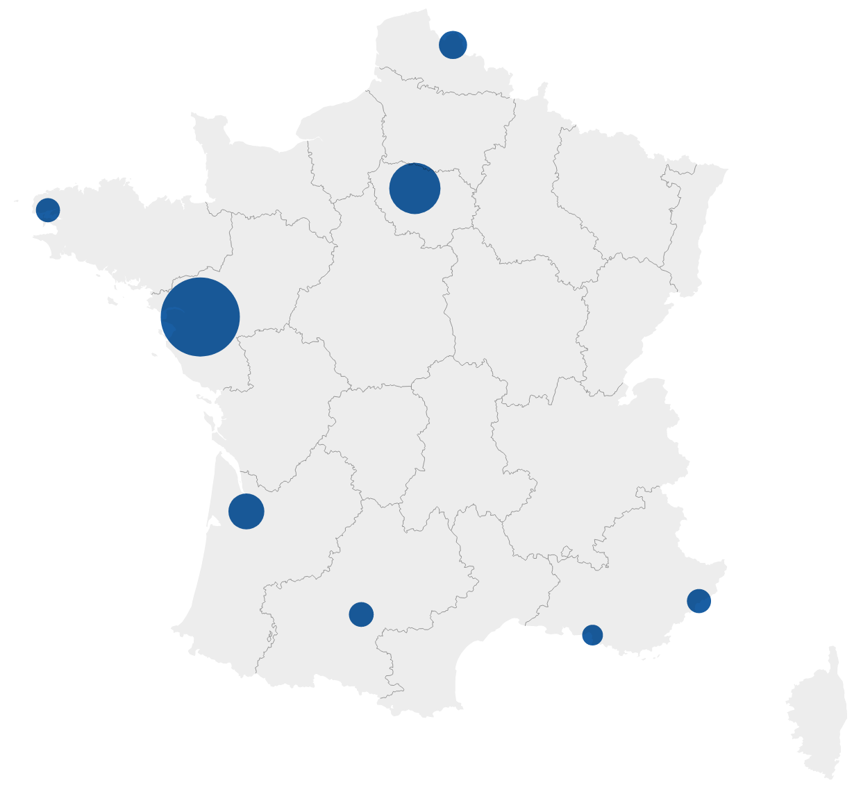 Carte de France représentant le nombre d'abonnés purs numériques des principaux titres de PQR français